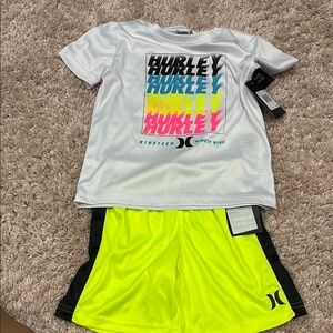 Boys New Hurley White T-Shirt and Neon Yellow Shorts Set